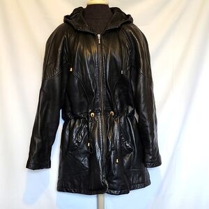 Vintage 90s Black Leather Hooded Coat
